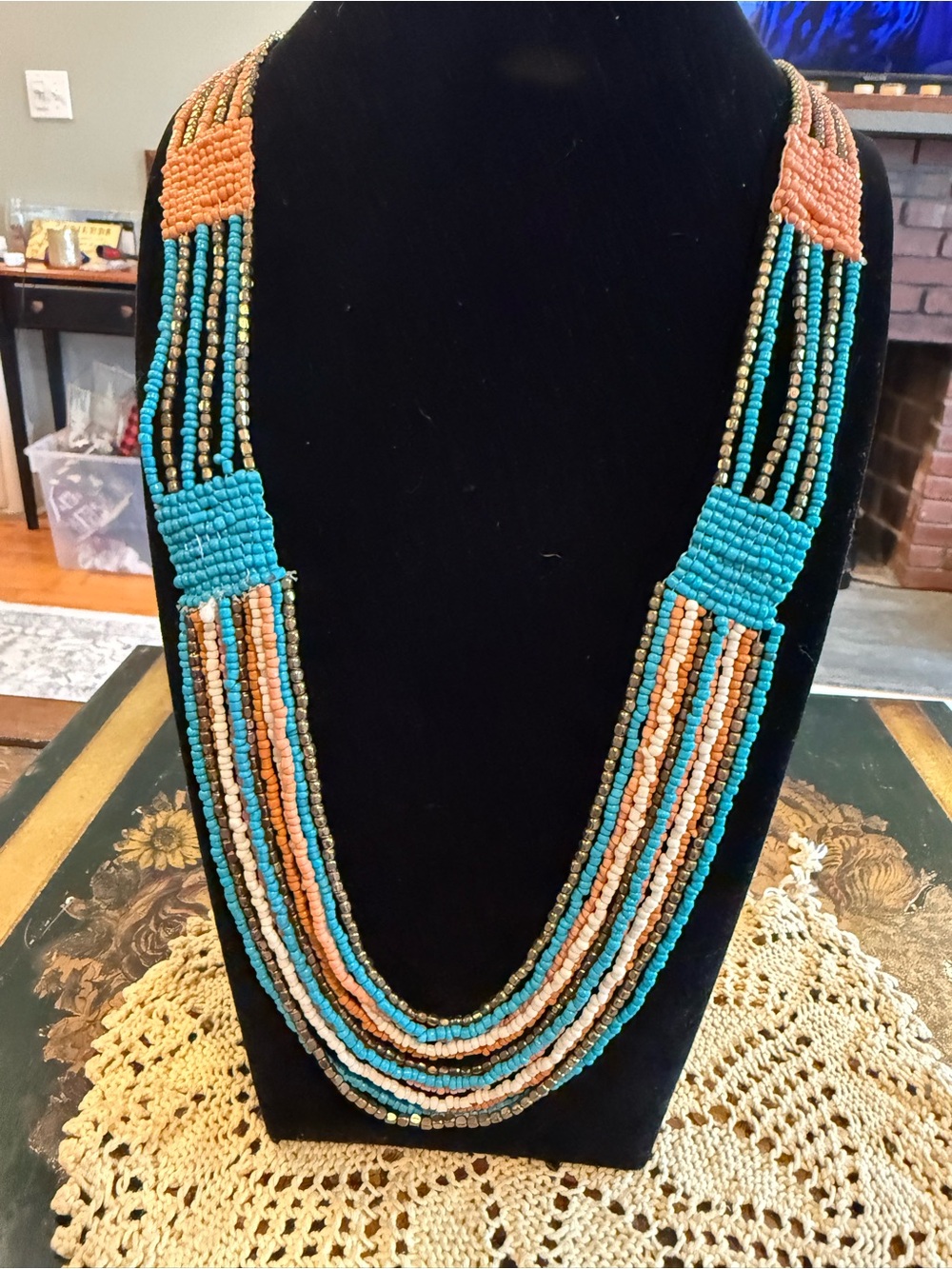 Boho Multi-Strand Turquoise & Coral Seed Bead Necklace - Women Jewelry